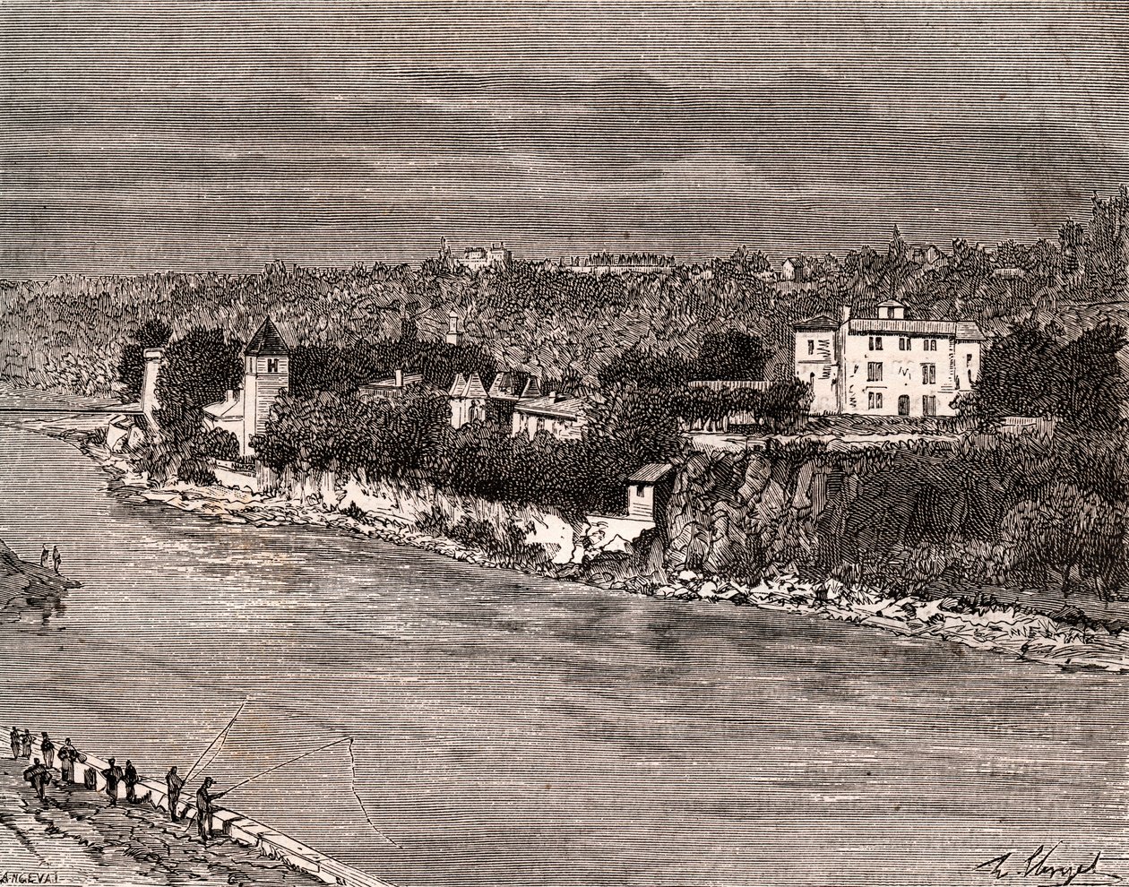 Île Barbe au milieu de la Saône, dans le 9e arrondissement de Lyon - gravure dans « La France illustrée : géographie, histoire, administration statistique » par V.-A. Malt-Brown. 1884 - French School