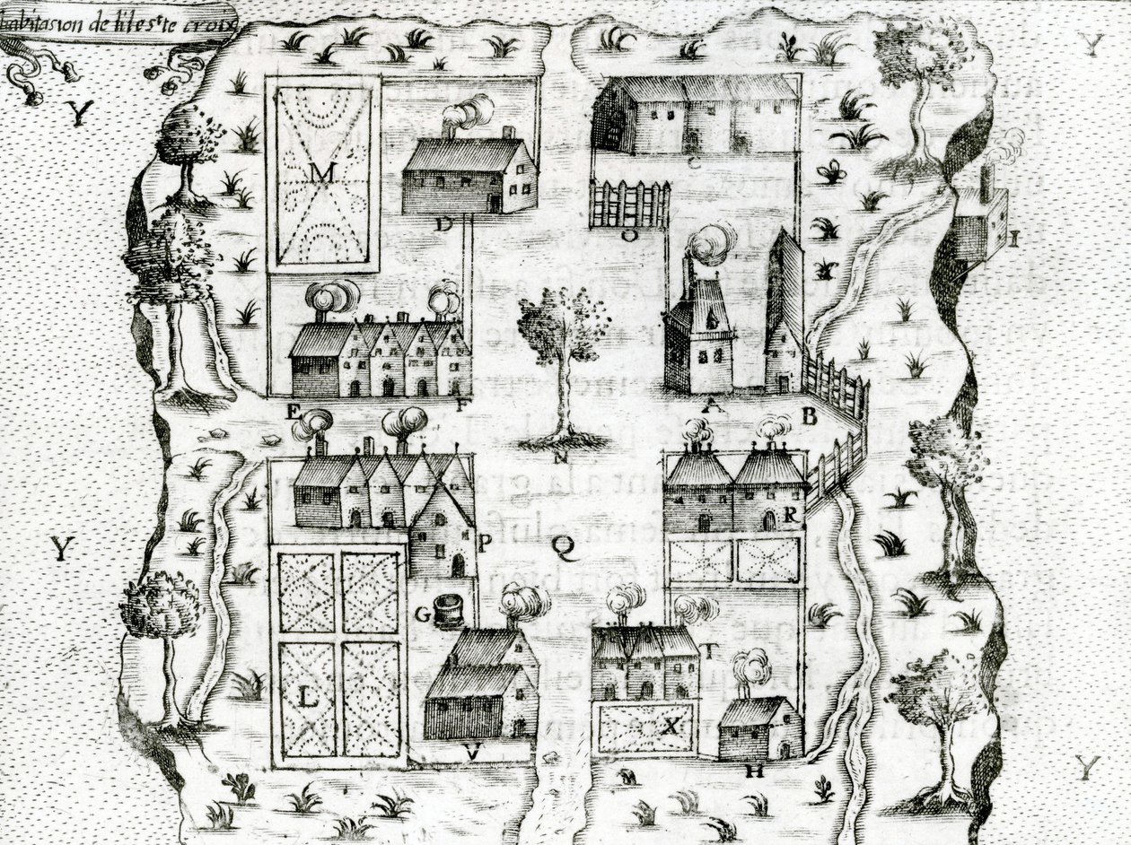Île Ste. Croix, le premier établissement français en Acadie, 1604, tiré des Voyages de Samuel de Champlain - French School
