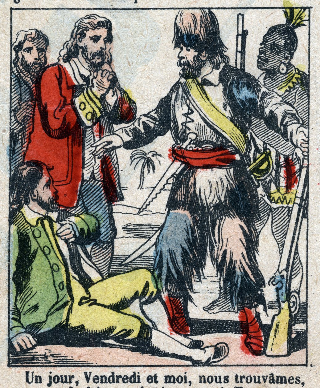 Illustration pour le livre de Daniel Defoe "Robinson Crusoé". Imagerie d
