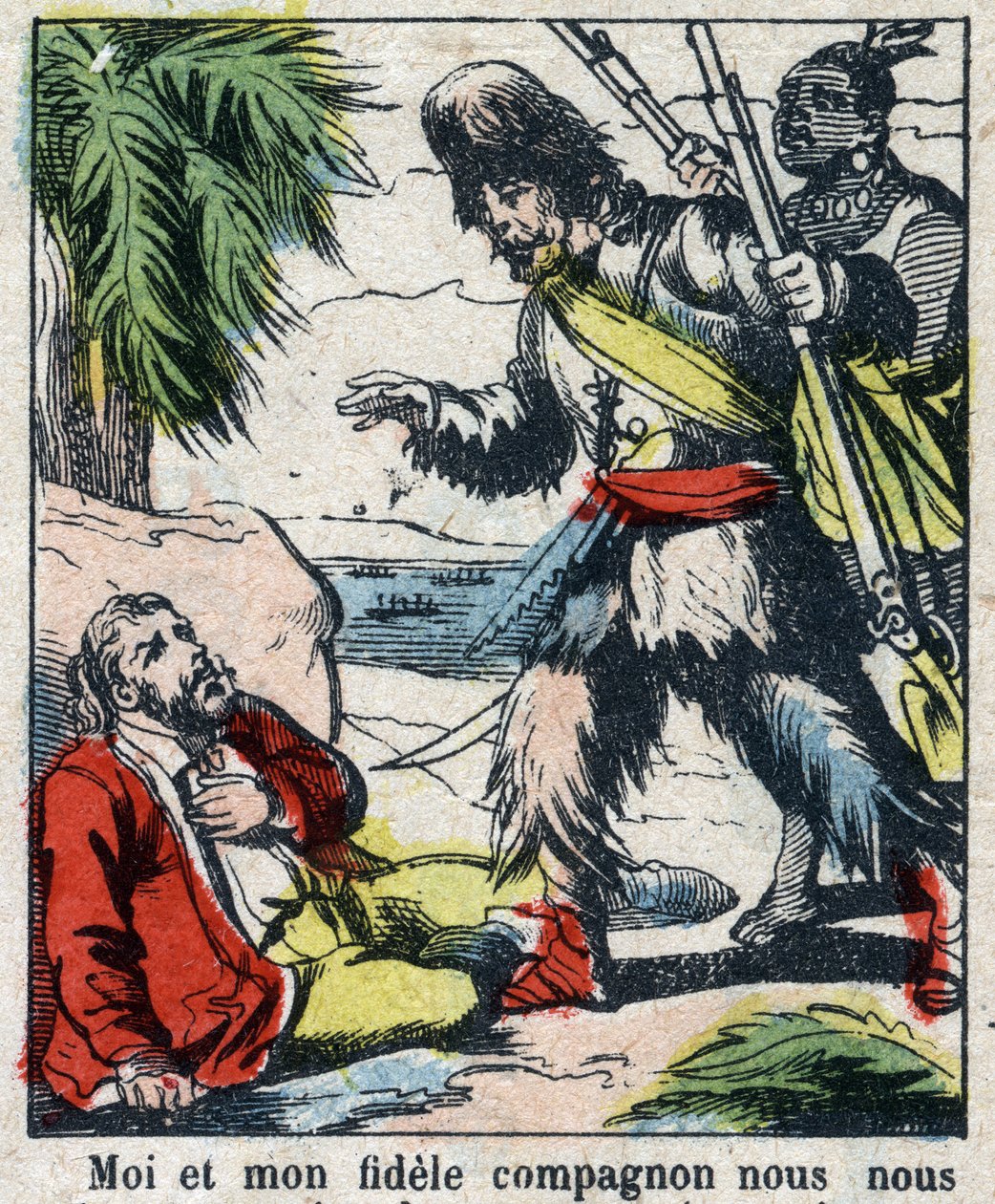 Illustration pour le livre de Daniel Defoe « Robinson Crusoé ». Imagerie d