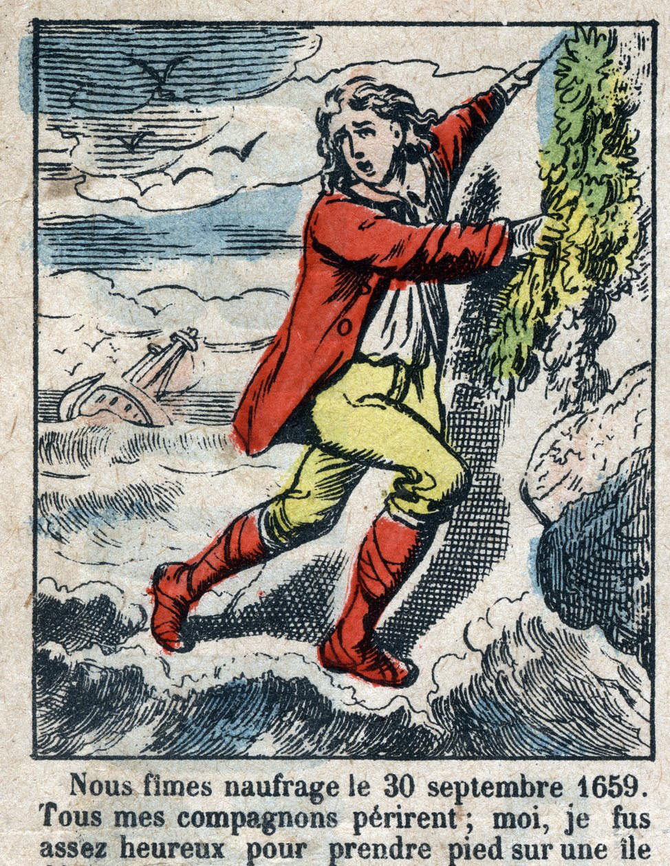 Illustration pour le livre de Daniel Defoe « Robinson Crusoé ». Imagerie d