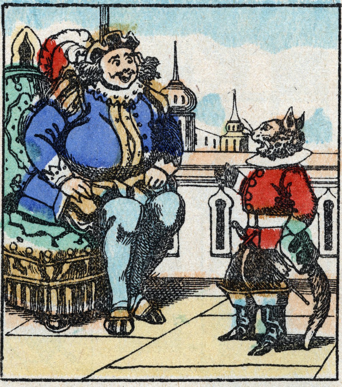 Illustration du conte de Charles Perrault « Le Chat Botté ». Gravure sur bois d