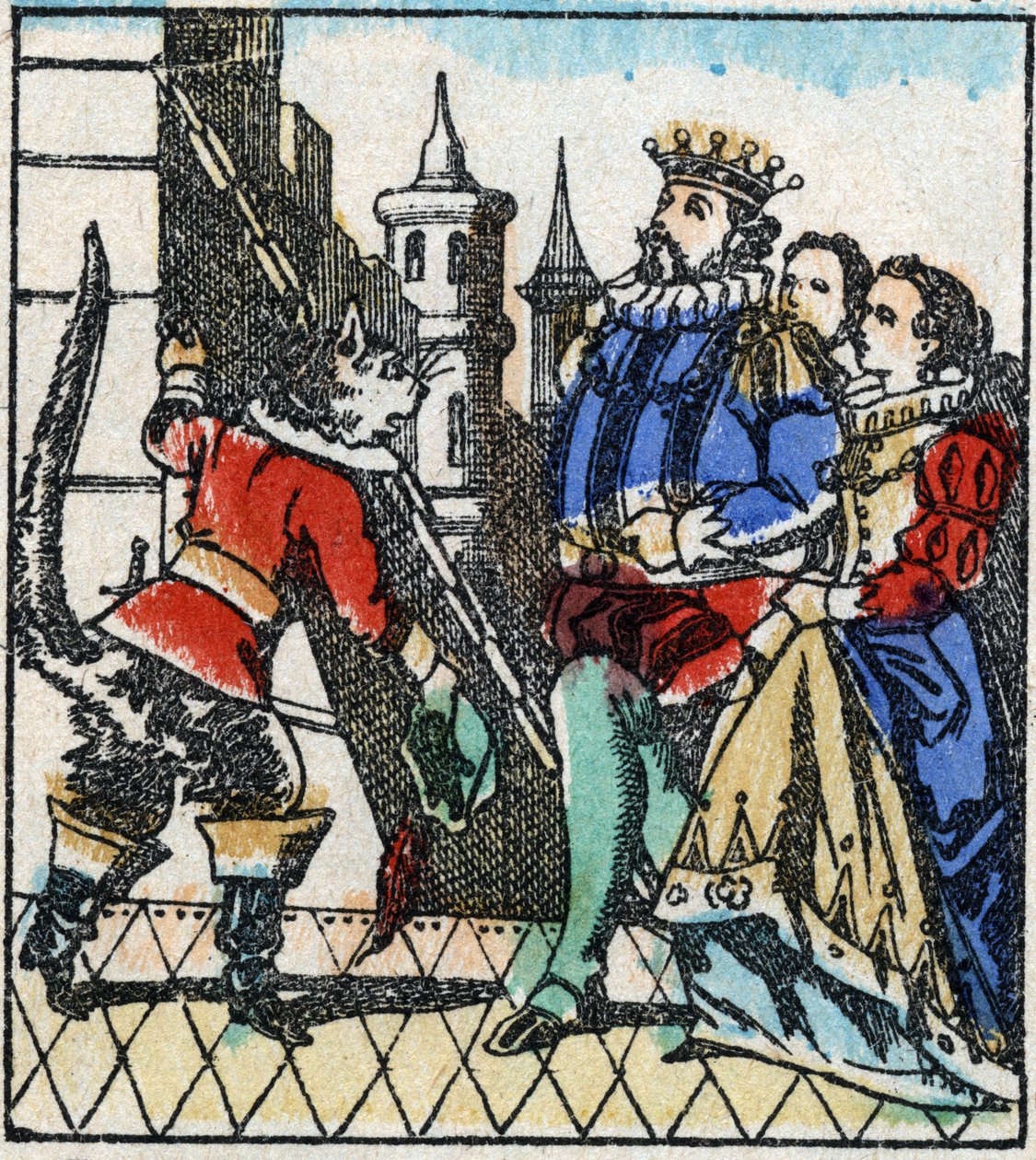 Illustration du conte de Charles Perrault « Le Chat Botté ». Gravure sur bois de l