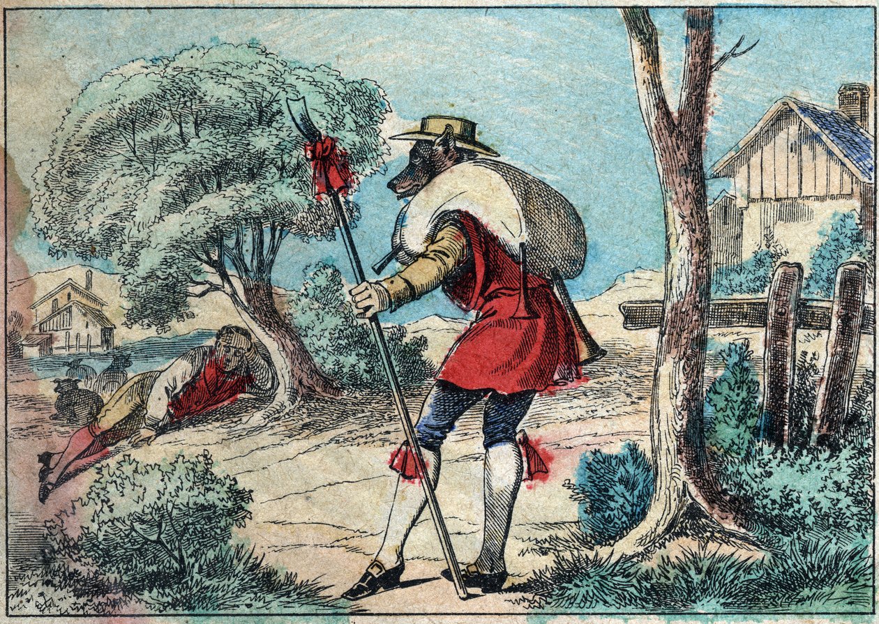 Illustration de la fable de Jean de La Fontaine (1621-1695) : le loup devenu berger. Imagerie d