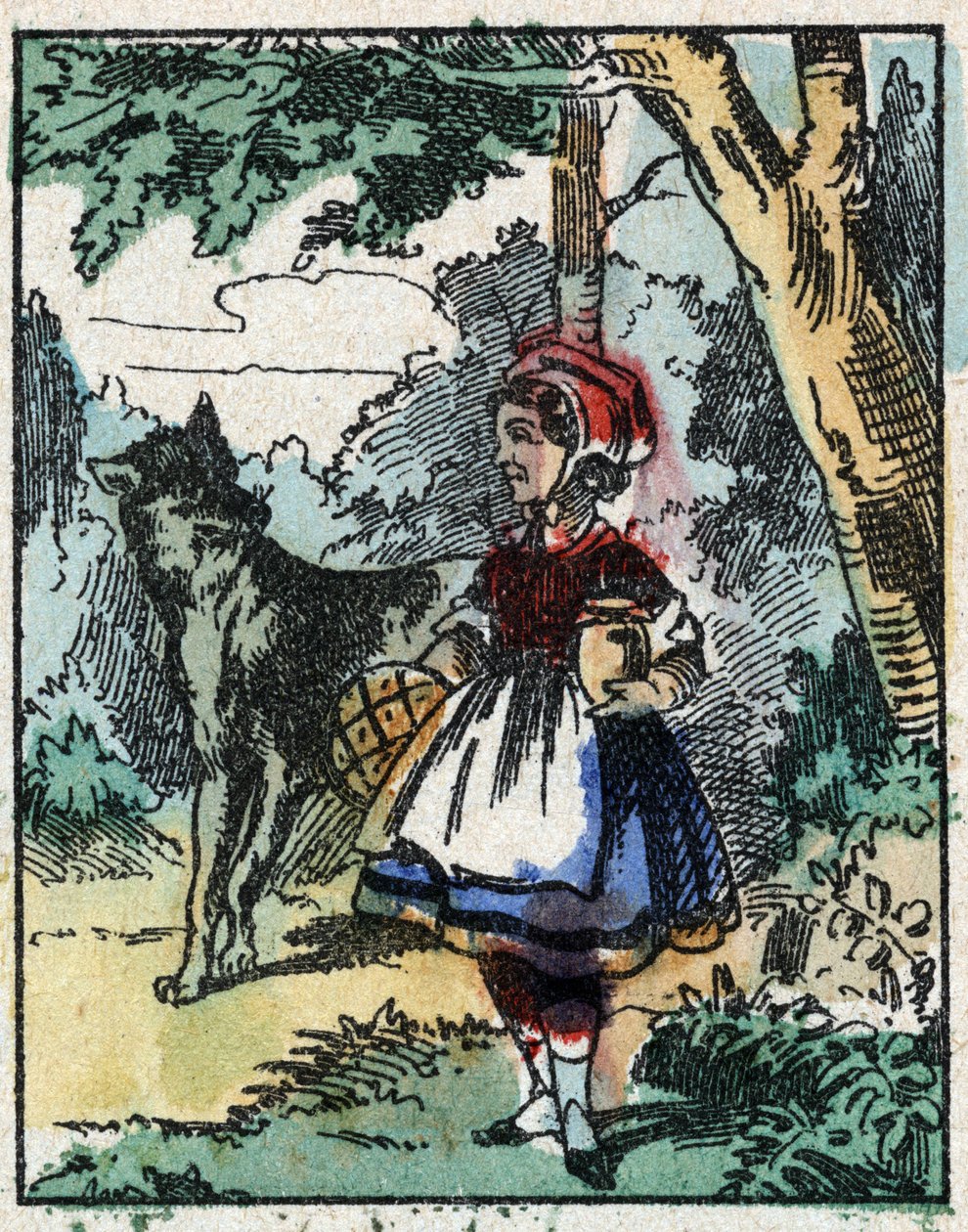 Illustration du conte "Le Petit Chaperon Rouge" de Charles Perrault. Gravure sur bois de l
