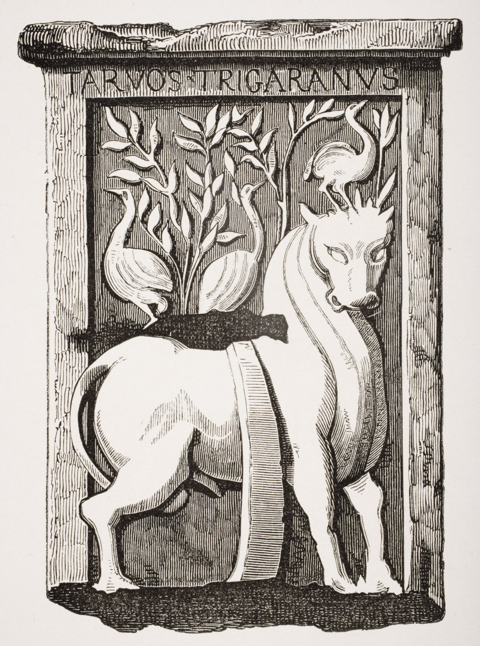 Image du Saint Bœuf monument celtique trouvé sous le chœur de la cathédrale Notre-Dame de Paris en 1711, de Le Moyen Age et La Renaissance par Paul Lacroix (1806-84) publié en 1847 - French School