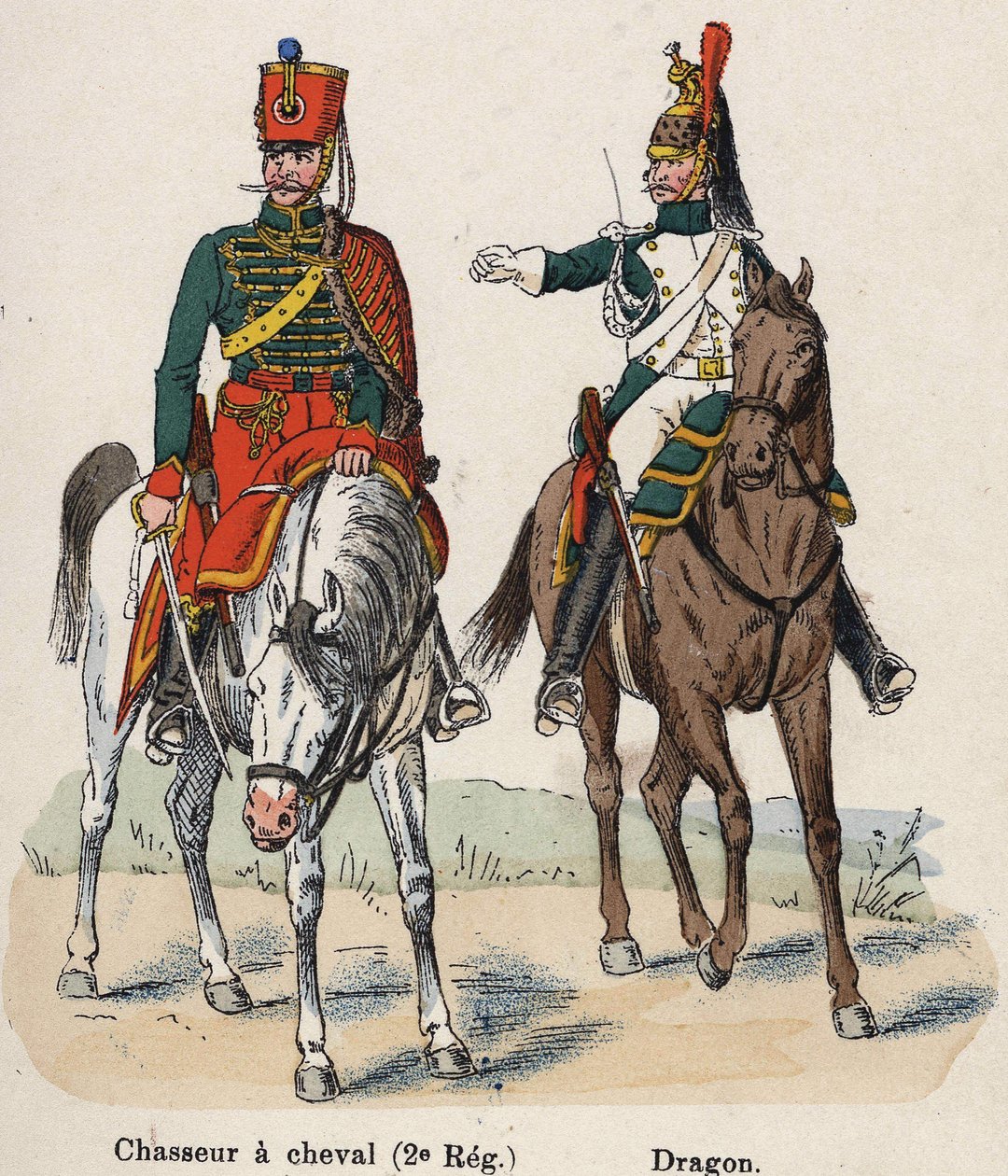 Garde Impériale Napoléon Ier : Chasseur à cheval (2ème Régiment) et Dragon. Planche du livre Les Uniformes de l
