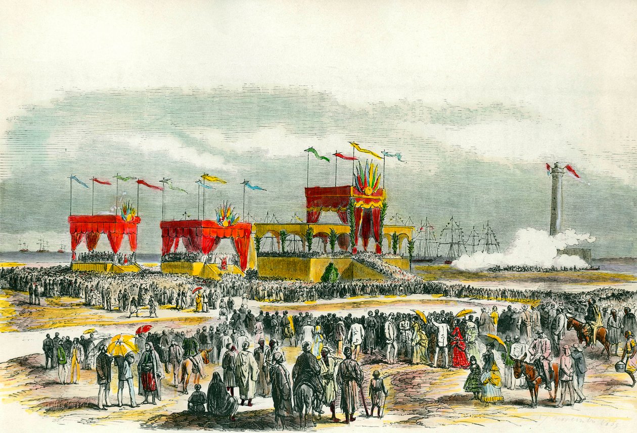 Inauguration du canal de Suez en Égypte en 1869 : le "Te Deum" chanté à Port-Saïd. Le canal a été créé pour relier la mer Rouge à la mer Méditerranée. - French School