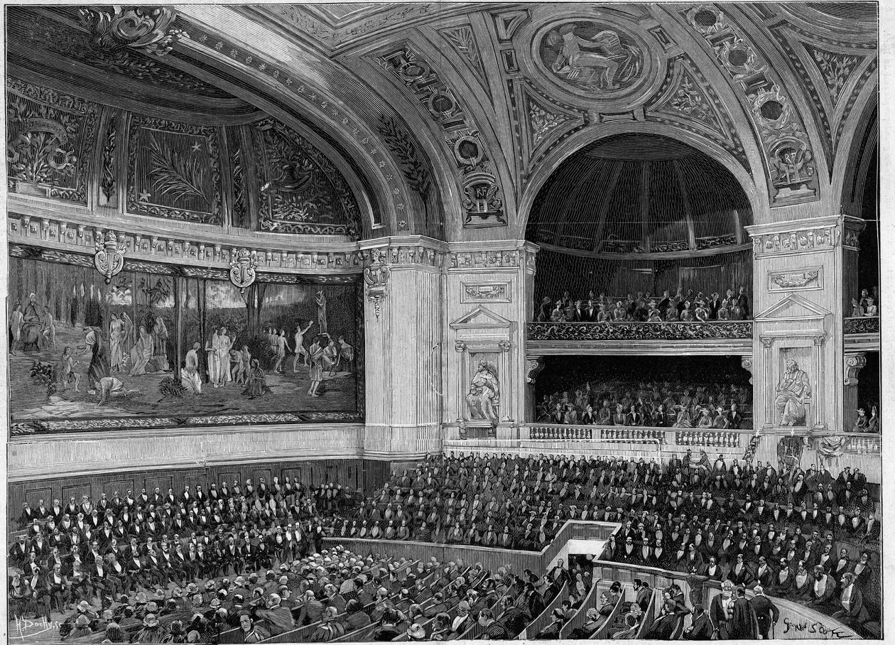 Inauguration de la nouvelle Sorbonne en 1889 : le grand amphithéâtre pendant la cérémonie. - French School