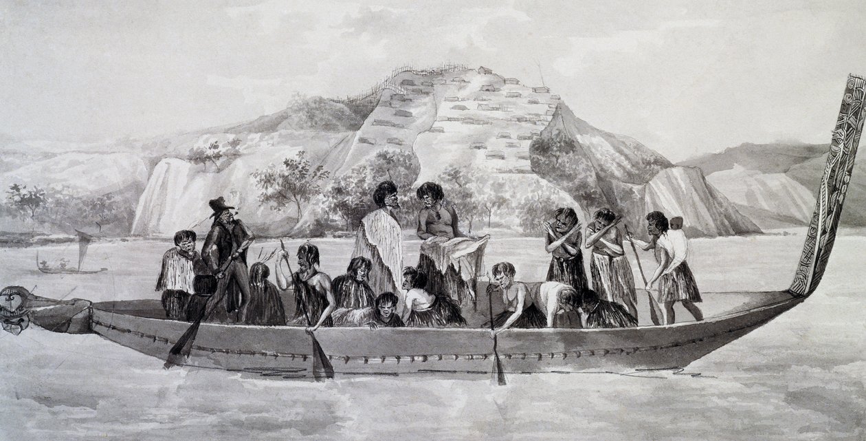 Indigènes néo-zélandais sur pirogue avec village fortifié en arrière-plan, 10 avril - French School