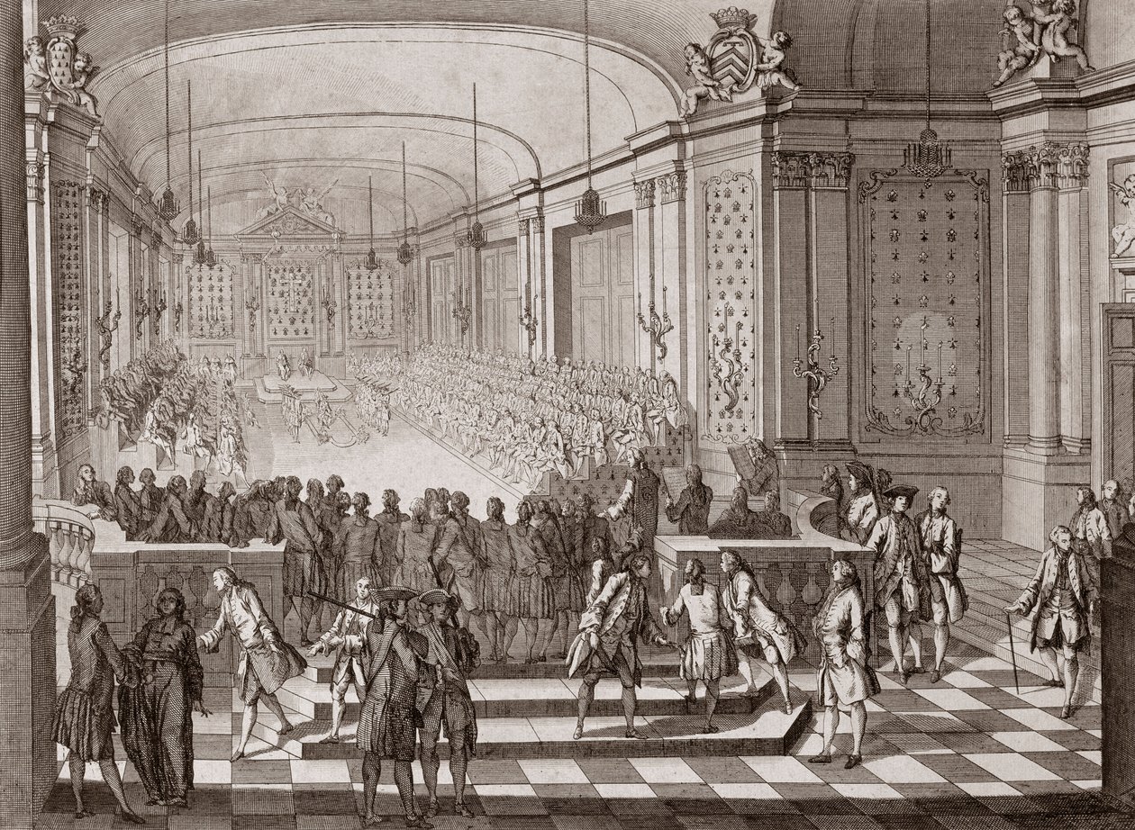 Vue intérieure de la salle des Jacobins, à Nantes, lors de la tenue des États-Unis de Bretagne en 1764. - French School