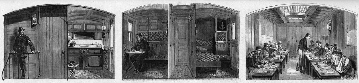 Vue intérieure du wagon médical et du wagon réfectoire d