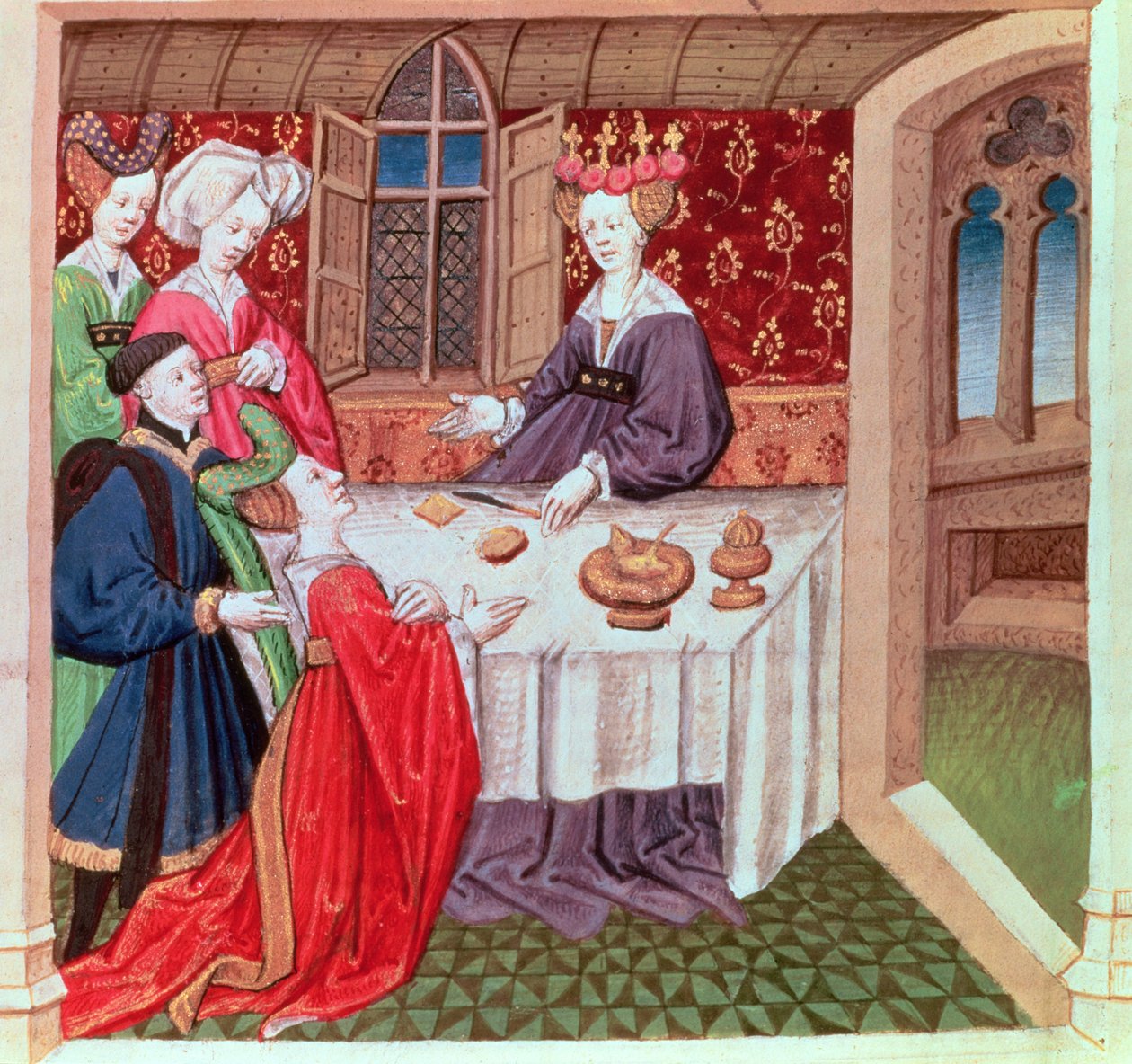 Isolde suppliant la reine Guenièvre pour sa protection, Roman du Chevalier Tristan - French School