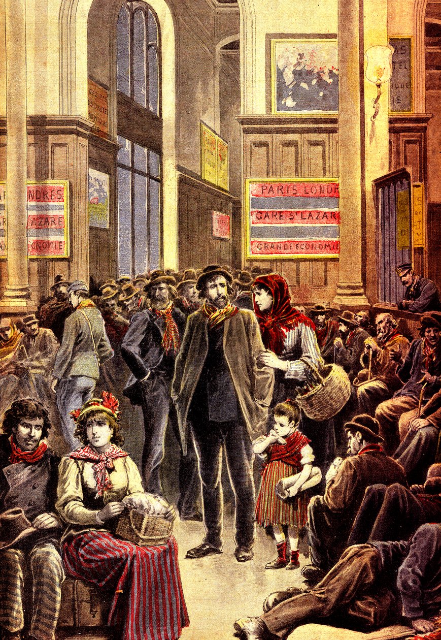 Émigrants italiens à Paris à la gare Saint-Lazare en mars 1896 (gravure) - French School