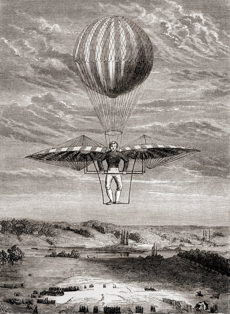 Ornithoptère de Jacob Degen de 1808 avec des clapets, dans lequel le pilote se tenait sur un cadre rigide et actionnait les ailes avec une barre horizontale mobile, de 