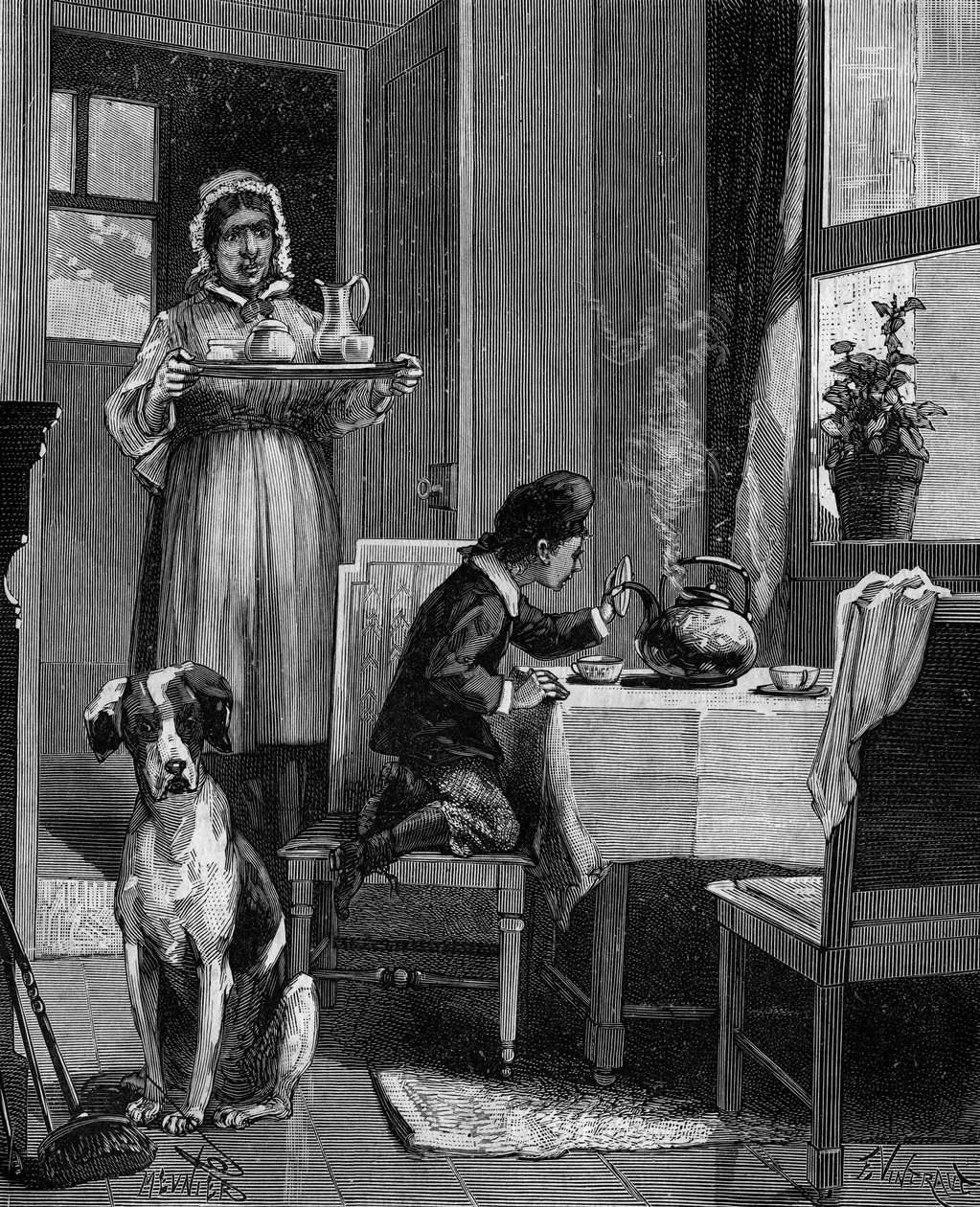 James Watt (1736-1819), enfant, découvrant les lois de la vapeur. - French School
