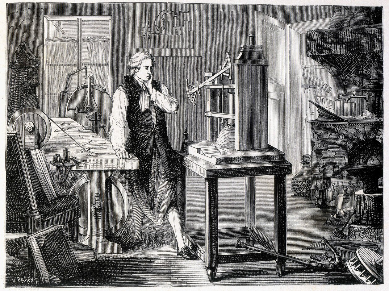James Watt étudiant le perfectionnement de la machine de Newcomen (1767) - dans « Album de la Science ; savants illustres ; Grandes découvertes » 1896. - French School