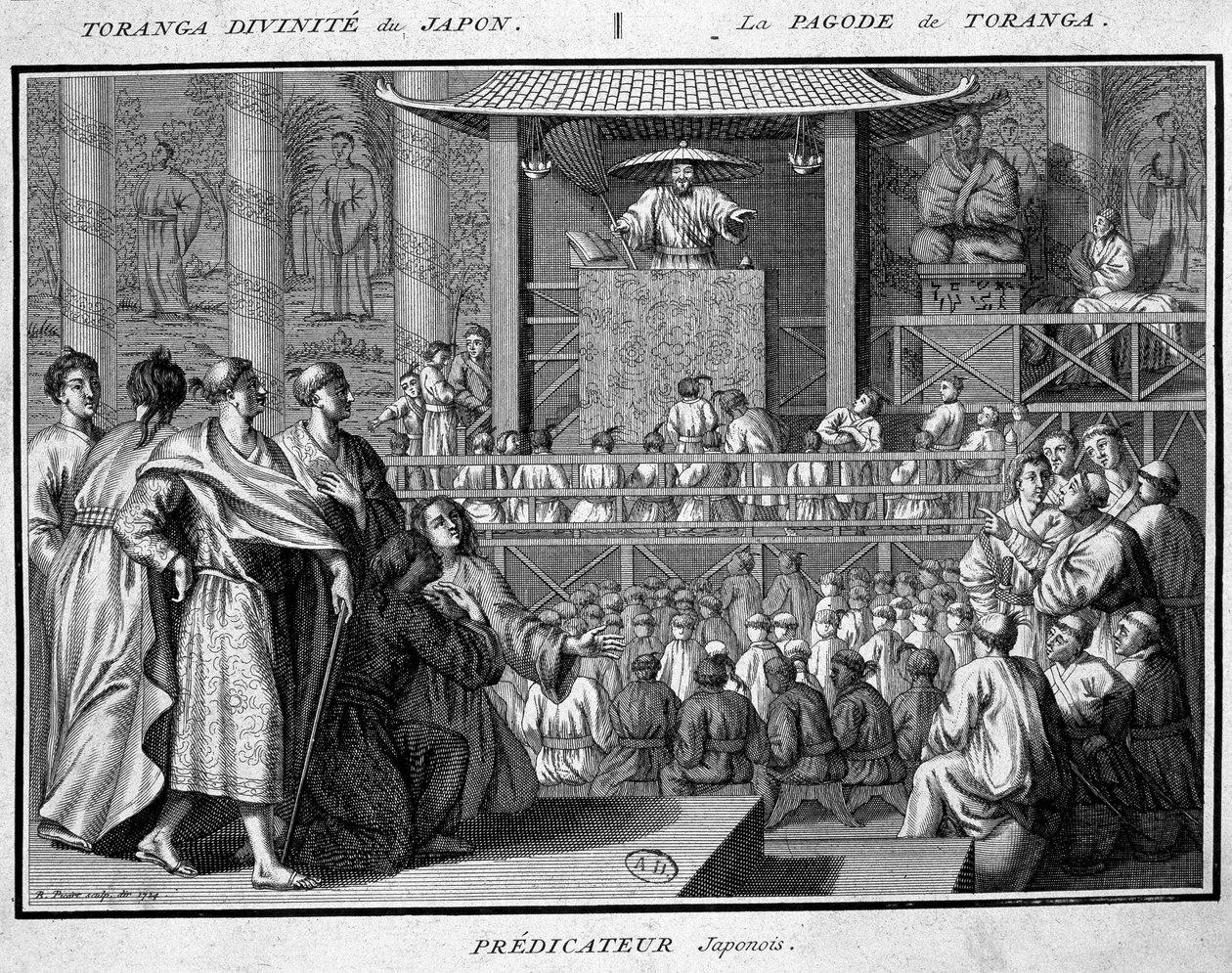 Prédicateurs japonais dans la pagode de Toranga, divinité du Japon - French School
