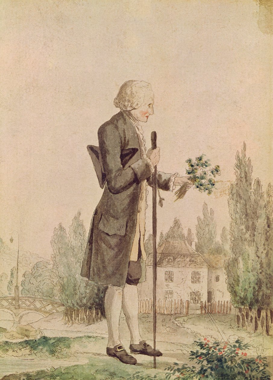 Jean-Jacques Rousseau (1712-78) cueillant des herbes à Ermenonville - French School