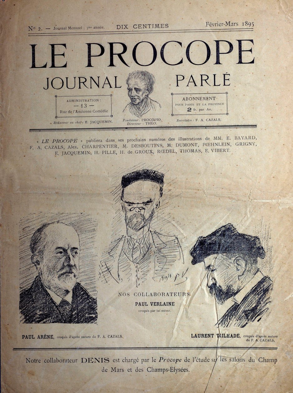 Journal du Procope, café parisien, février 1895 : portraits des poètes français Paul Verlaine, Paul Arène et Laurent Tailhade - French School