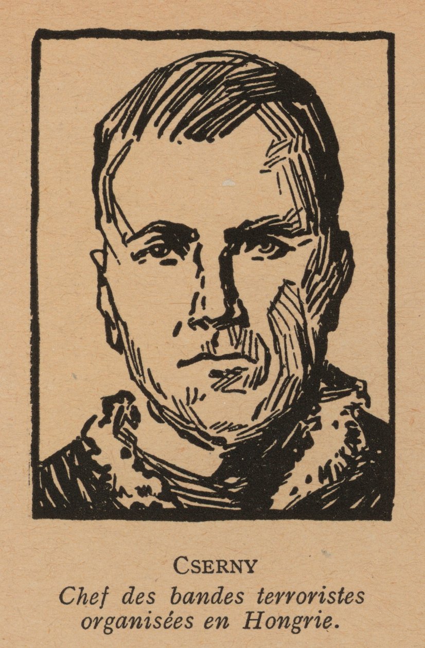 Jozsef Cserny, révolutionnaire communiste hongrois et chef des "garçons de Lénine" qui ont fait régner la Terreur rouge sous la République soviétique de Hongrie en 1919 (lithographie). - French School