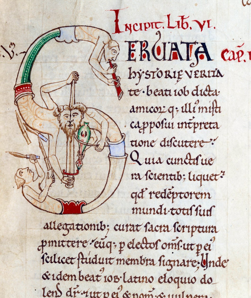 Jongleurs et musiciens - lettrine S (initiale). Miniature du manuscrit « Moralia in Job », Morales sur Job par Saint Grégoire, de l
