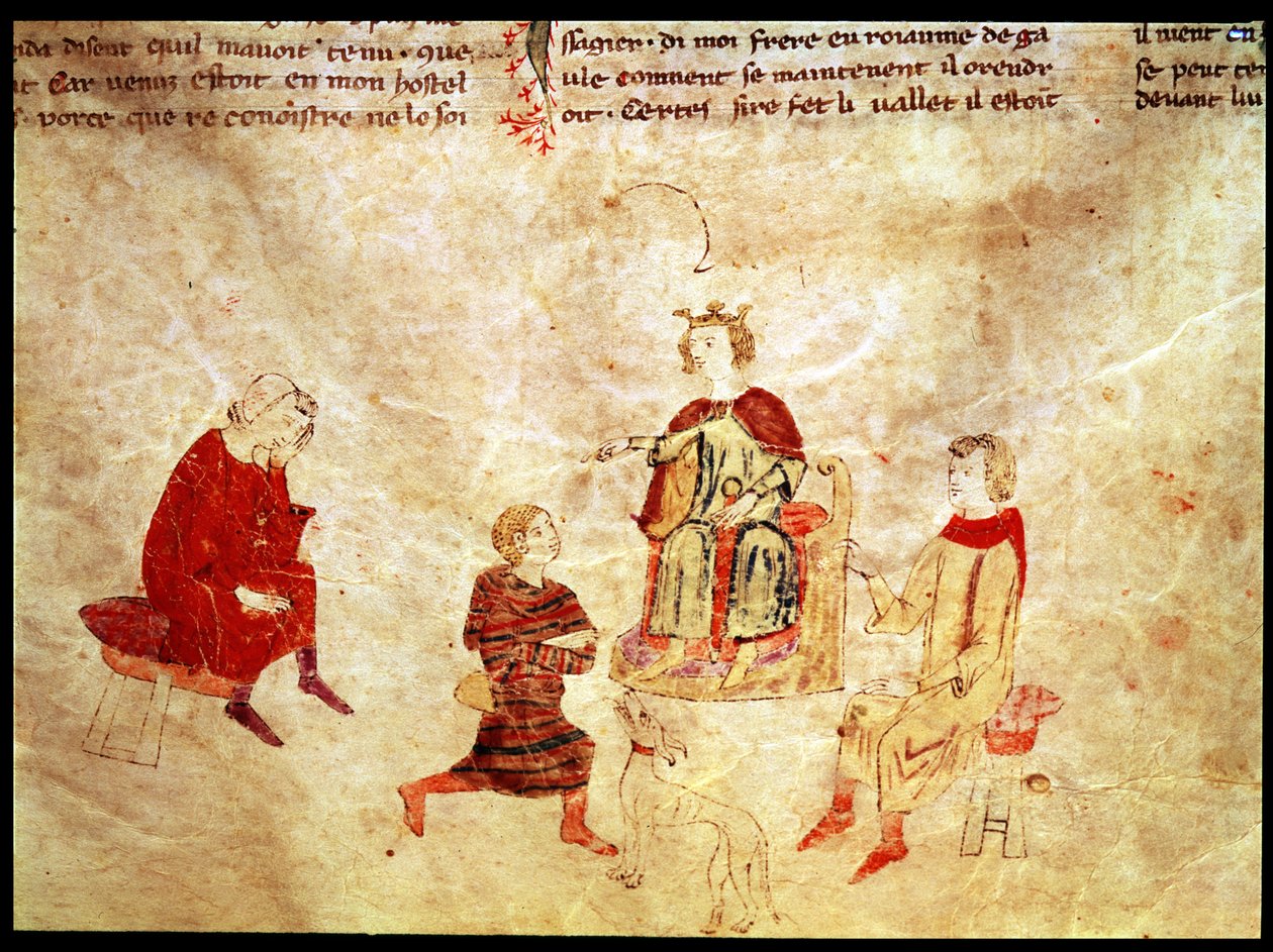 Le roi Arthur sur son trône entouré de ses conseillers, du Roman de Meliadus - French School