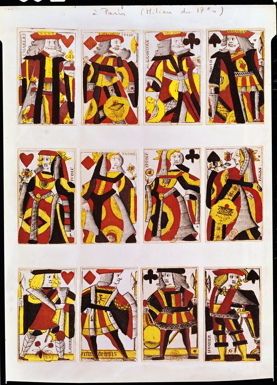 Roi, Reine et Valet jouant aux cartes (gravure sur bois en couleur) - French School