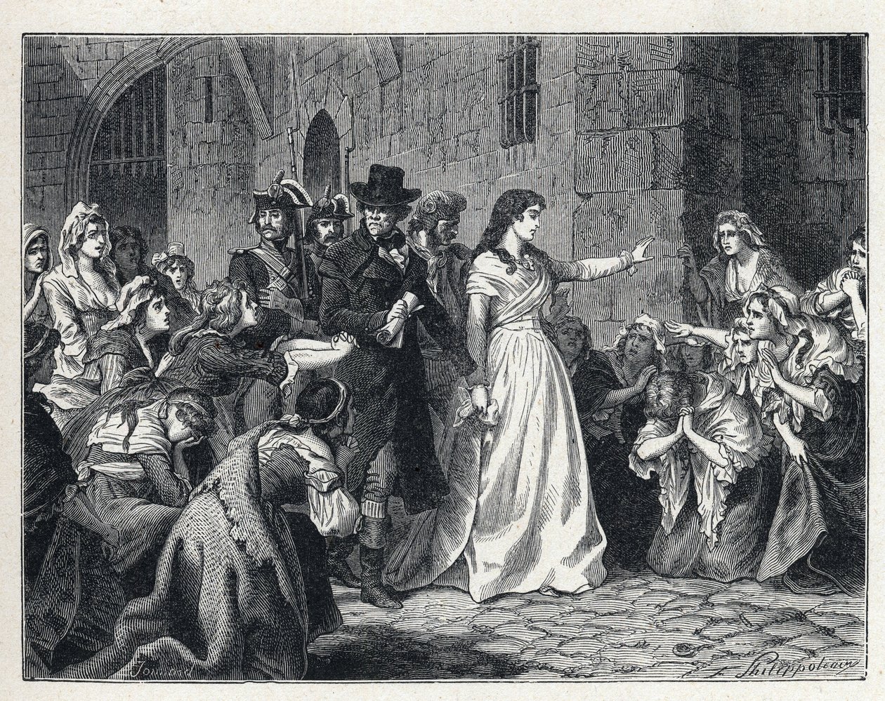 La Terreur pendant la Révolution française : Madame Jeanne Marie Roland de la Platière (1754-1793) quittant la prison de la Conciergerie pour se rendre devant le Tribunal révolutionnaire en 1793. Ses codétenues s