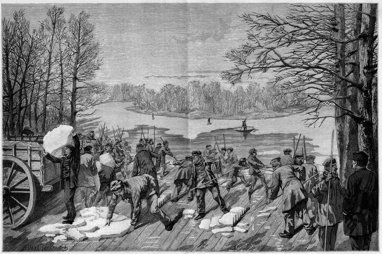 La récolte de la glace sur les lacs gelés du bois de Vincennes, dans « Le Monde Illustré » 1887. - French School