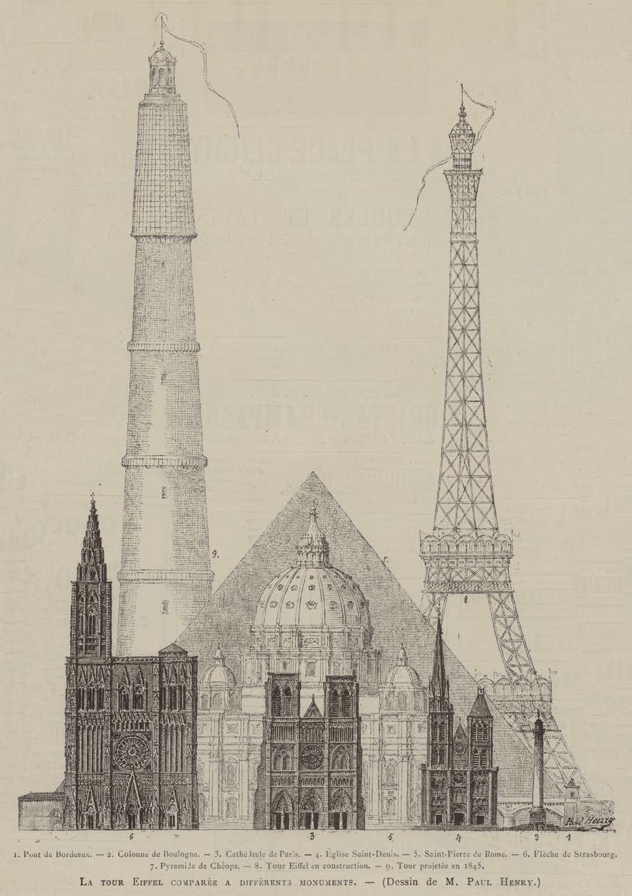 La tour Eiffel comparée à différents monuments (gravure) - French School