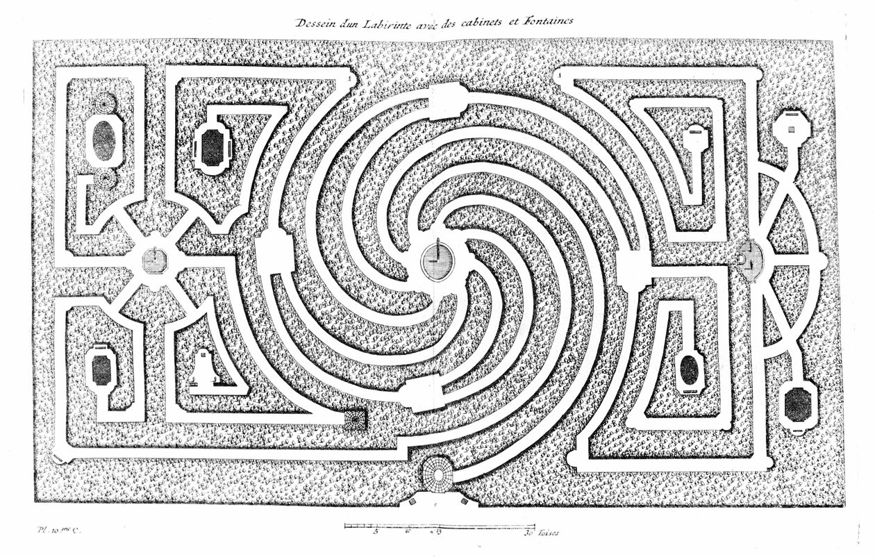 Projet de labyrinthe avec cabinets et fontaines. Basé sur la théorie et la pratique du jardinage par A. J. Dézailler D