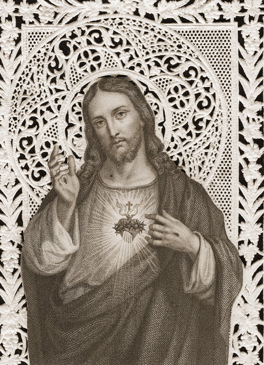 Carte en dentelle représentant le Sacré-Cœur de Jésus, 19ème siècle - French School