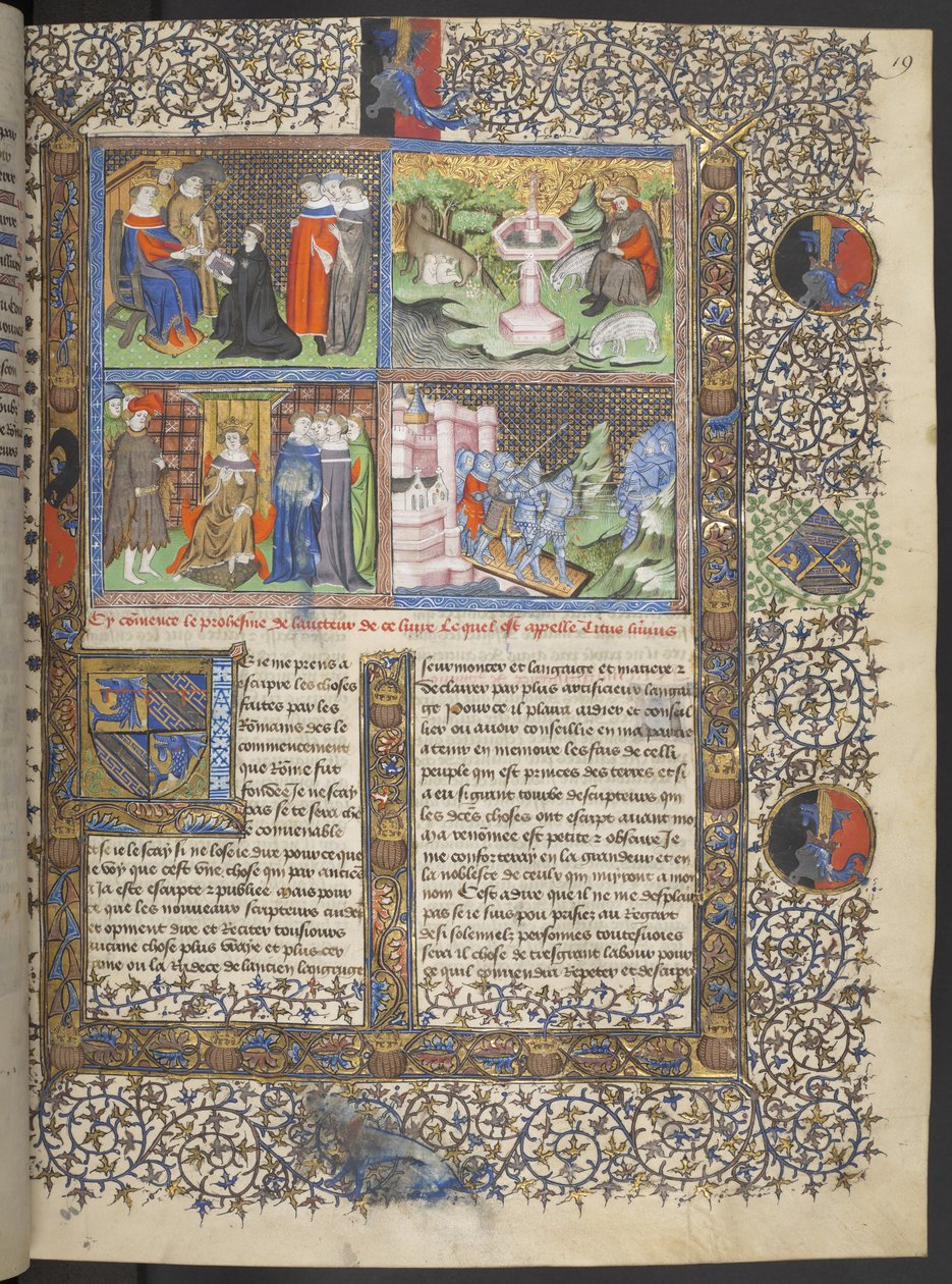 Miniatures incluant des détails de chevaliers en casques avec visières sur un pont-levis défendant une ville contre des chevaliers attaquants avec des lances, c.1415-20 - French School