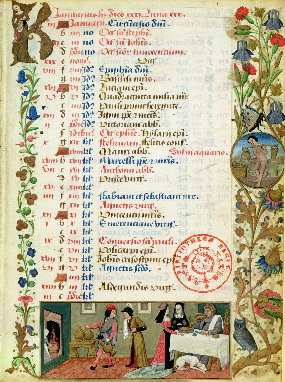 Janvier; personnages mangeant et buvant, par Robinet Testard, des Heures de Charles d
