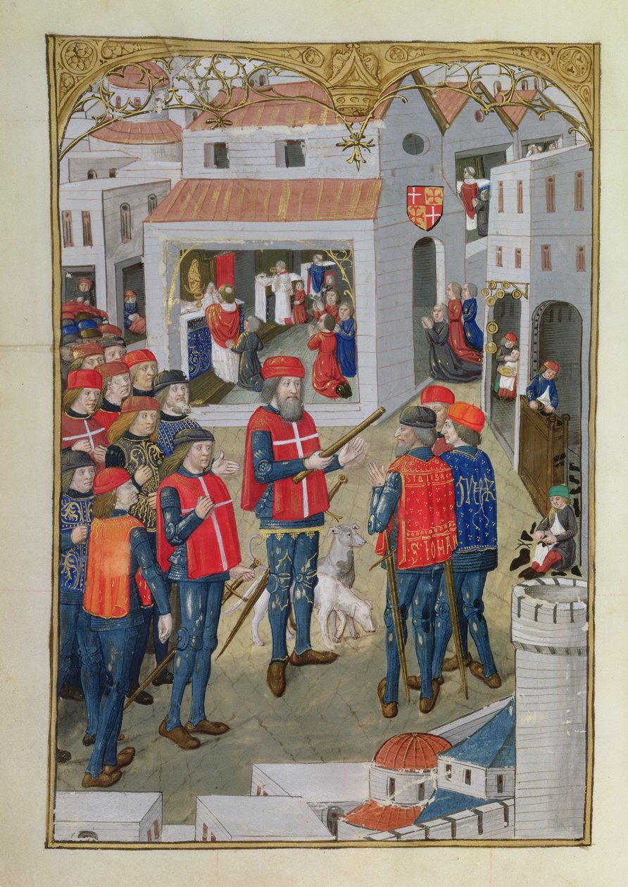 Lat 6067 fol.33v Les chevaliers de Saint-Jean de Jérusalem se préparent à défendre Rhodes, de Une histoire du siège de Rhodes, par Guillaume Caoursin, 1483 - French School