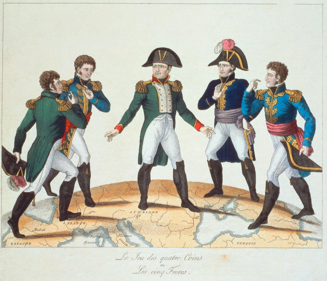 Le Jeu des Quatre Coins ou Les Cinq Frères, caricature bonapartiste représentant Napoléon et ses frères, 1808 - French School