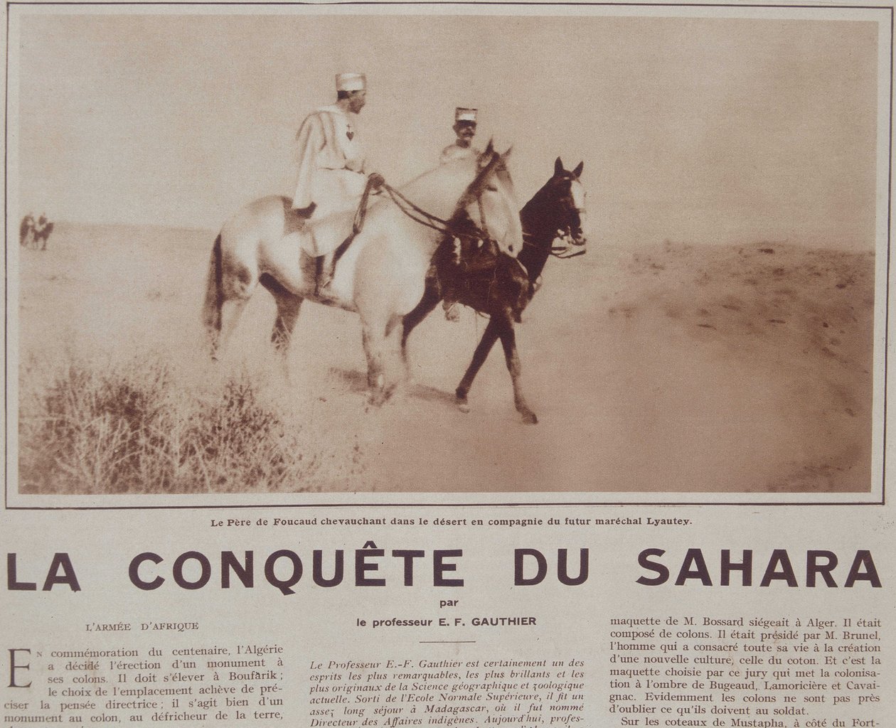 Le Père Charles de Foucauld (1858-1916) chevauchant dans le désert avec le futur maréchal Hubert Lyautey (1854-1934) - dans « Vu », décembre 1929 - French School