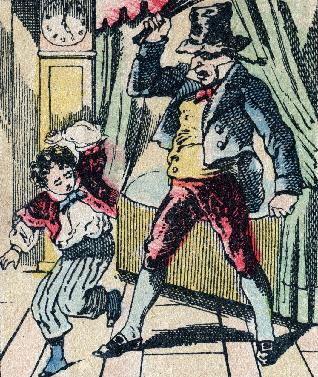 Le Père Fouettard, personnage légendaire du folklore, punissant les enfants désobéissants avec son fouet, et enfermant les enfants désobéissants, image d