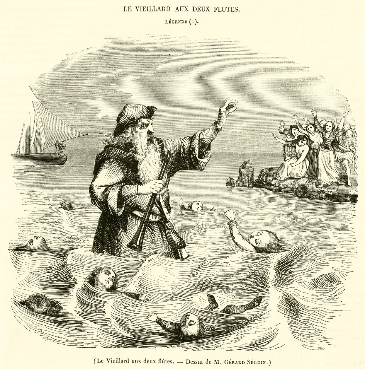 Le Vieillard aux deux flutes (engraving) - French School