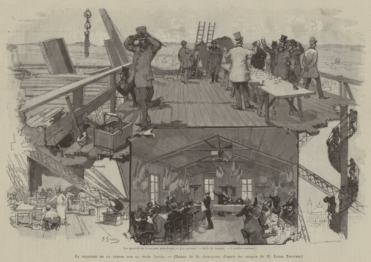 Le dejeuner de la presse sur la tour Eiffel (engraving) - French School