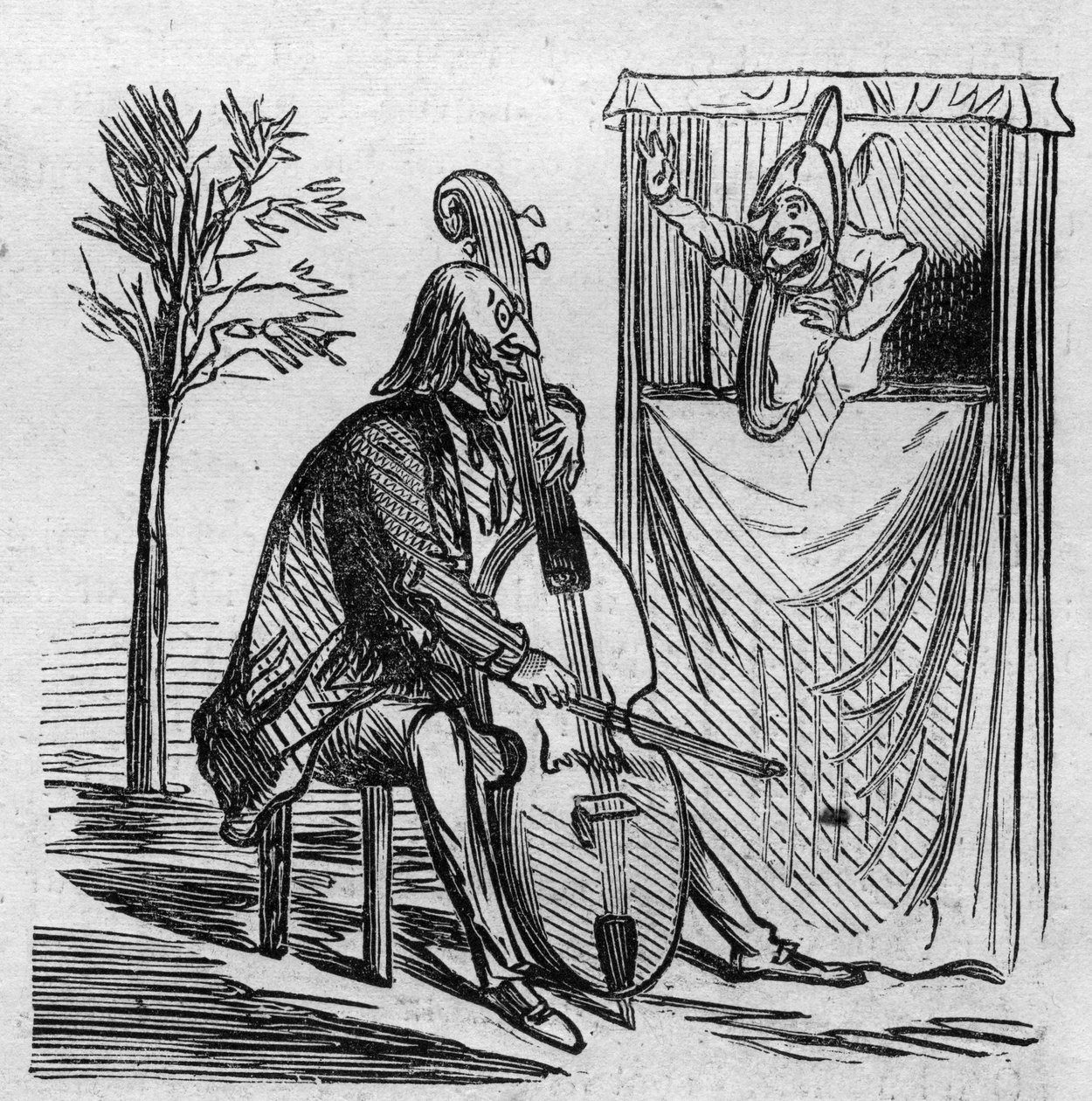 Le maestro Offenbach accaparant avec sa musique tous les théâtres de Paris. Le compositeur allemand naturalisé français Jacques Offenbach (1819-1880) jouant du violoncelle. Caricature de Cham. Gravure dans "Le Monde Illustré" n°499 du 3 novembre 1866. - French School