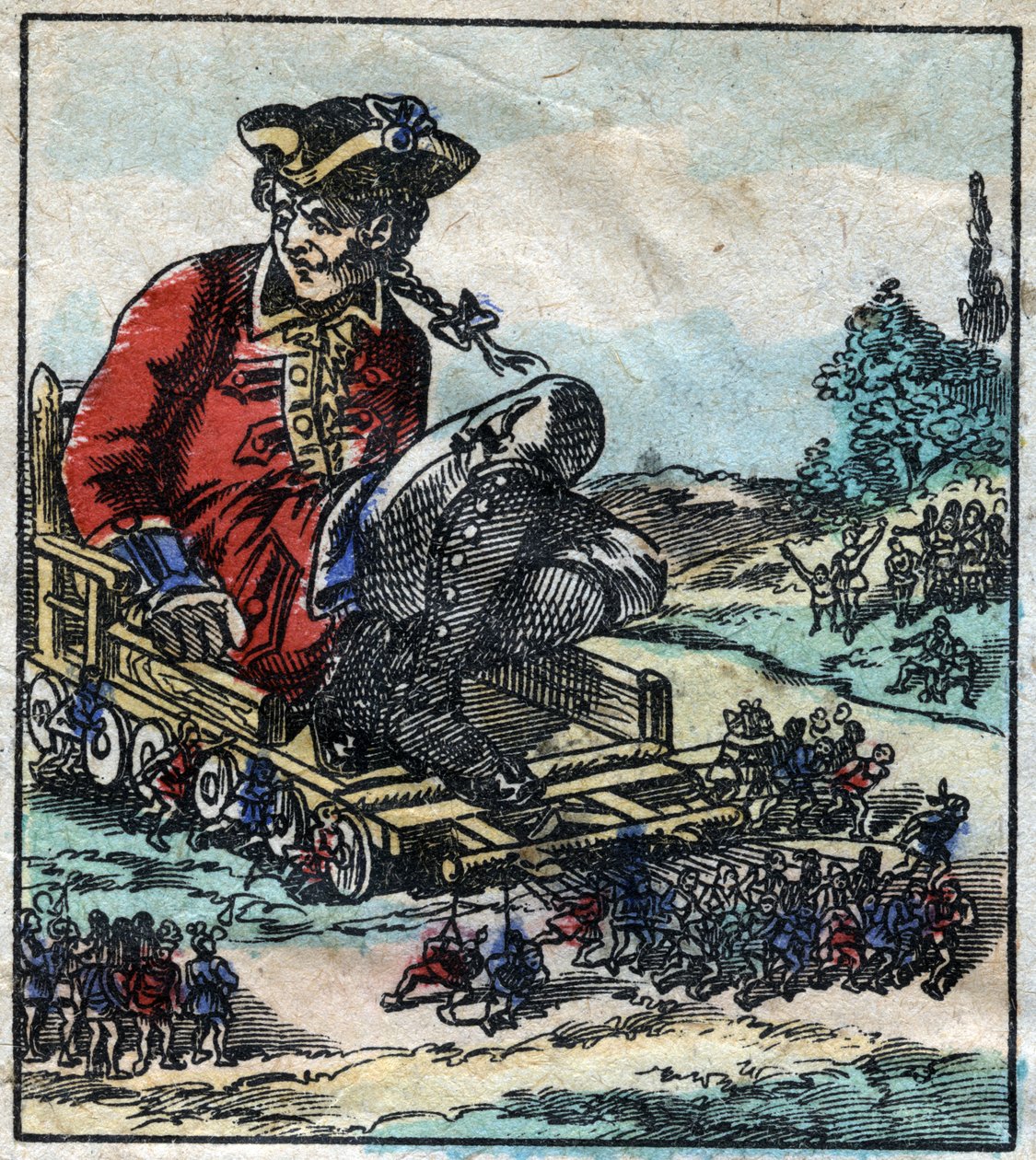 Lemuel Gulliver, prisonnier, est transporté sur une charrette tirée par les Lilliputiens. Illustration pour "Les Voyages de Gulliver" de Jonathan Swift (1667-1745). Imagerie d
