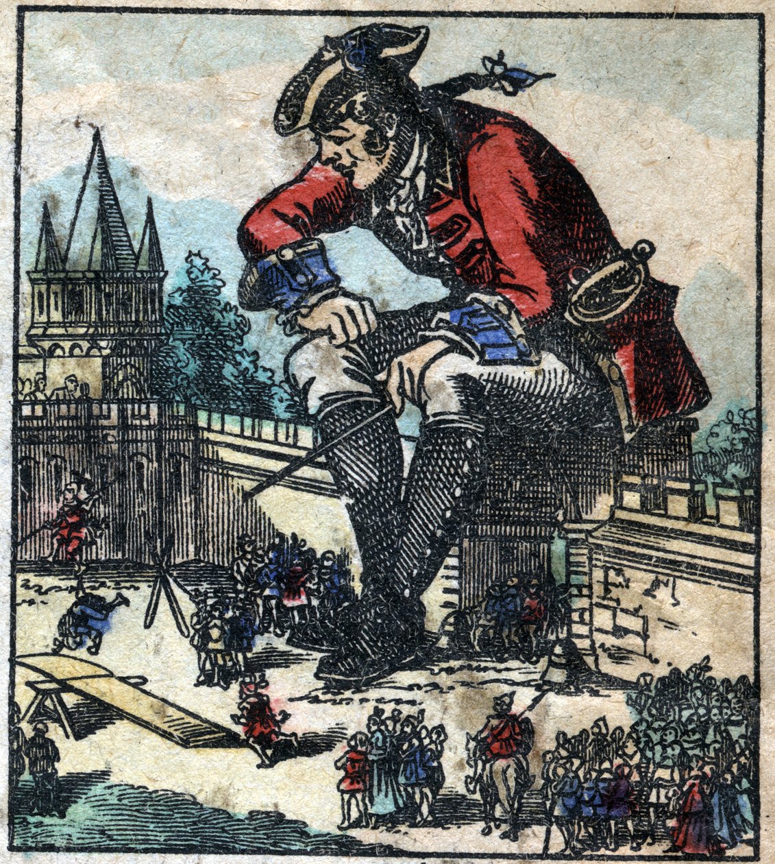 Lemuel Gulliver assis sur le mur de fortification de la ville explique la stratégie à l