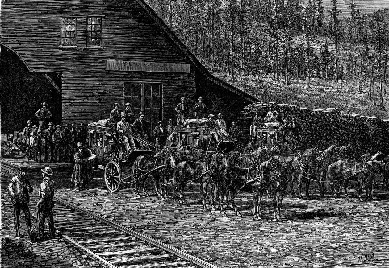 Les diligences du Far West. Gravure dans «Le Journal de la jeunesse» - French School