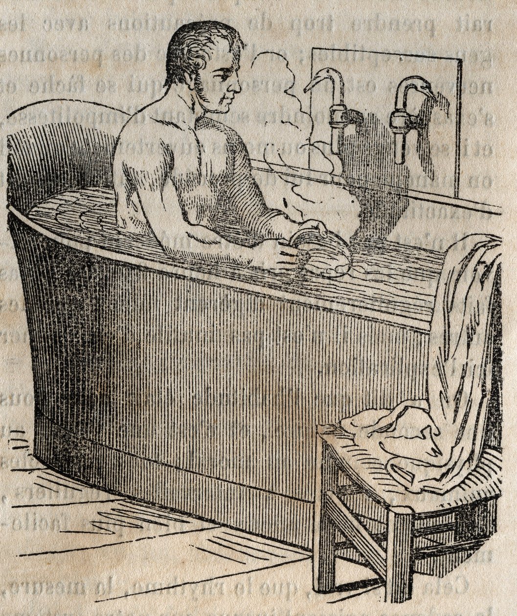 Les gestes du bain - Hygiène au 19ème siècle - homme dans une baignoire - gravure dans « La Santé Universelle - Guide Médical des Familles » 1852 - French School