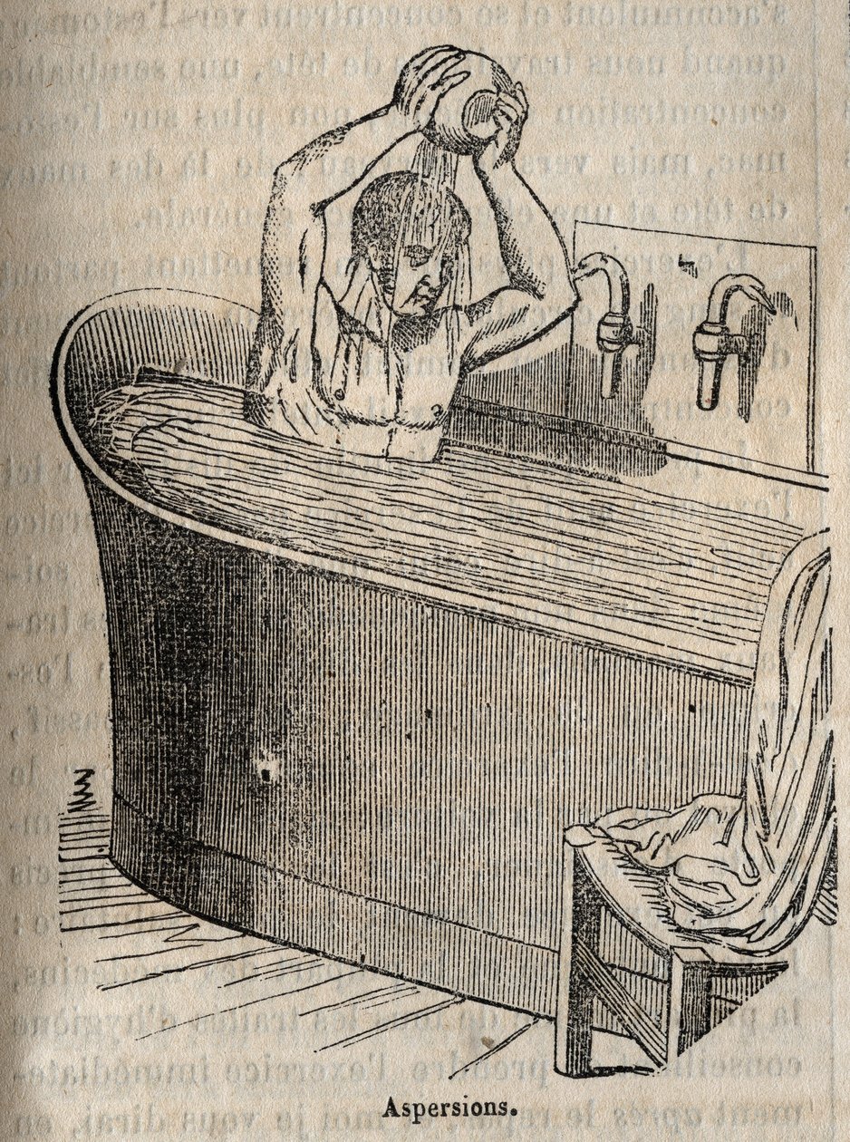 Les gestes du bain - Hygiène au 19ème siècle - homme dans une baignoire - gravure dans "La Santé Universelle - Guide Médical des Familles" 1852 - French School