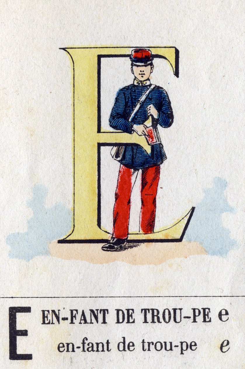 Lettre E comme Enfant de troupe. Alphabet militaire. Imagerie d
