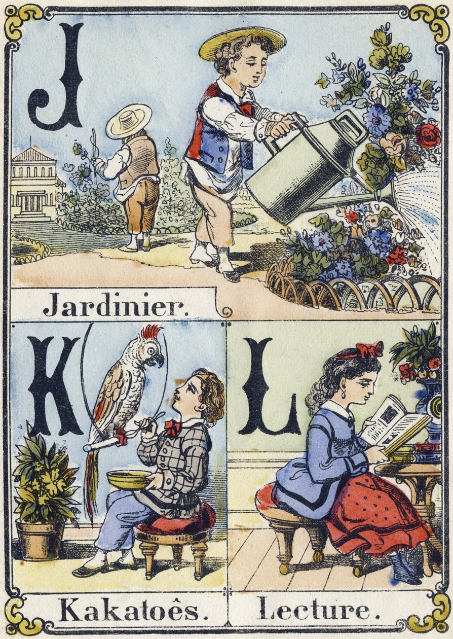 Lettres J, K et L : jardinier, cacatoès et lecture. Alphabet récréatif. Imagerie d