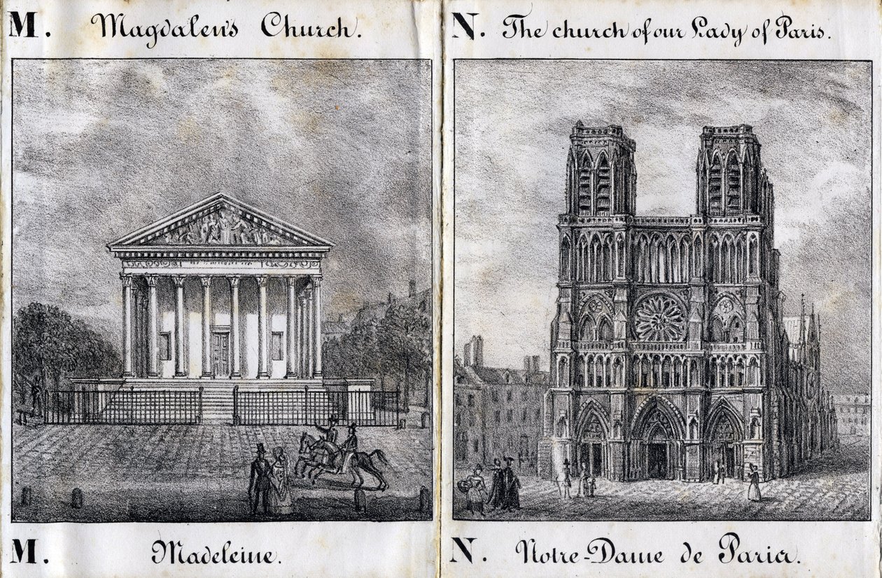 Lettre M Madeleine et N Notre-Dame de Paris (Notre Dame de Paris) - "Alphabet Pittoresque des Monuments de Paris" vers 1840 (gravure) - French School